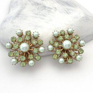 Vintage Earrings Green Rhinestone Clip On Earrings , Pearl Earrings